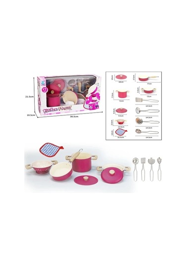 11 Parça Pembe Emaye Oyuncak Mutfak Seti - Çocuklar Için Eğitici Tencere Ve Tava Takımı