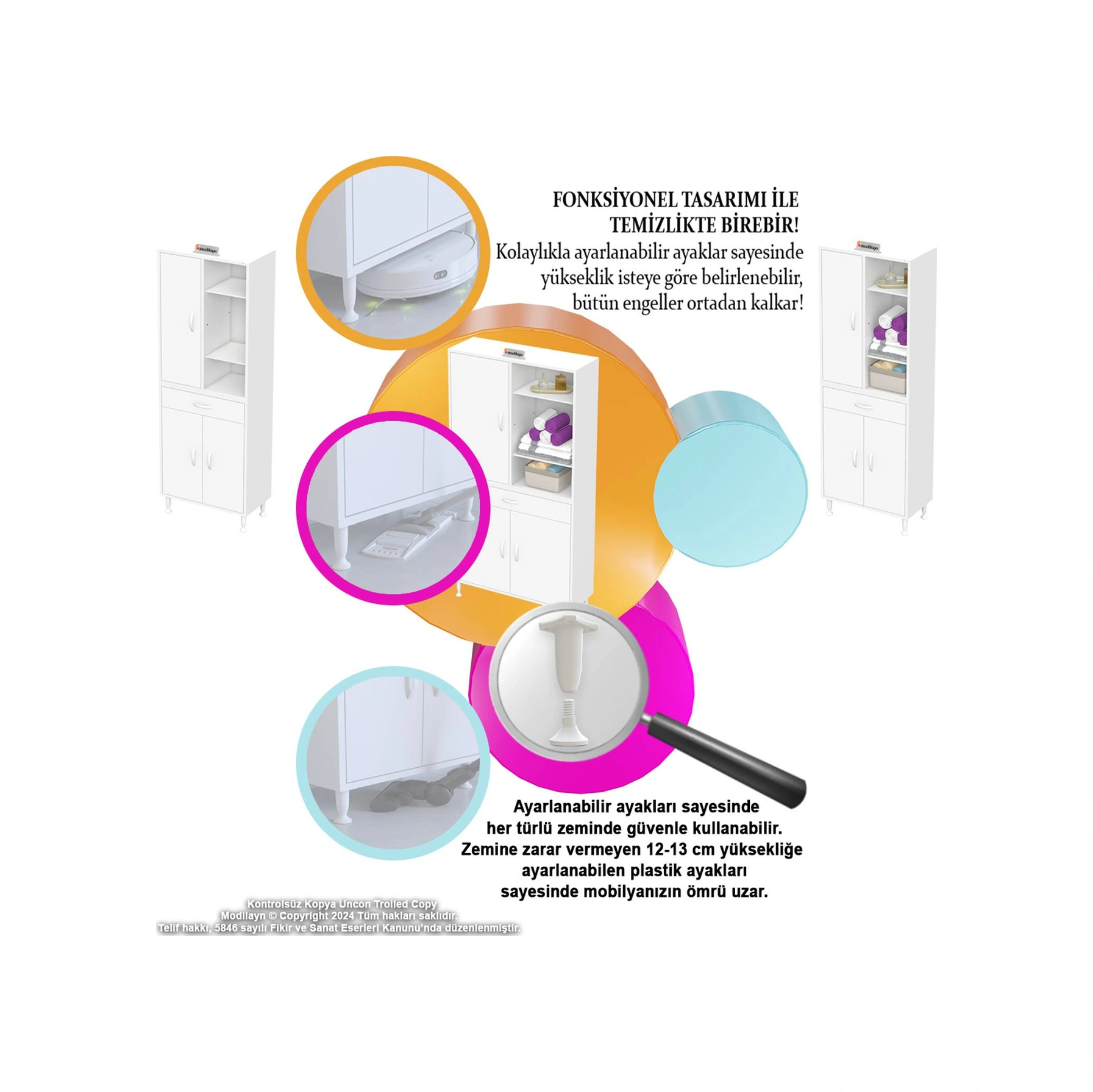 Kayra Banyo Ve Mutfak Dolabı Çok Amaçlı Dolap Tek Çekmece 3 Kapak 5 Raf 8 Bölme 55x173x32,5 Cm Beyaz