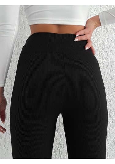 Kadın Içi Polarlı Fitilli Yüksek Bel Toparlayıcı Tayt Siyah