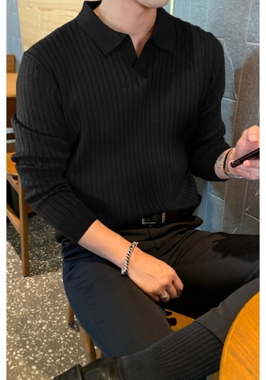 Cool Tarz Erkek Polo Yaka Triko Kazak Slim Fit Fitilli Siyah
