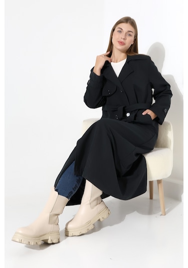 Amazon Keten Kumaş Uzun Boy Düğmeli Astarlı Yumuşak Dokulu Trenç Kot Siyah Siyah