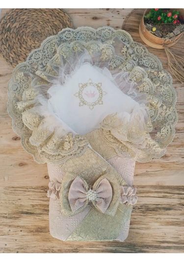 Yenidoğan Kabartma Desenli Gold Çift Güpürlü Ve Fiyonklu Bebek Battaniyesi Kundak Gold Gold