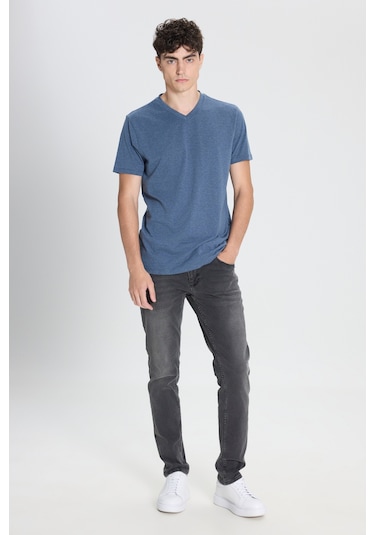 Ac&Co / Altınyıldız Classics Slim Fit Dar Kesim V Yaka Pamuklu Erkek Tişört ıIndıgo Melanj İndigo