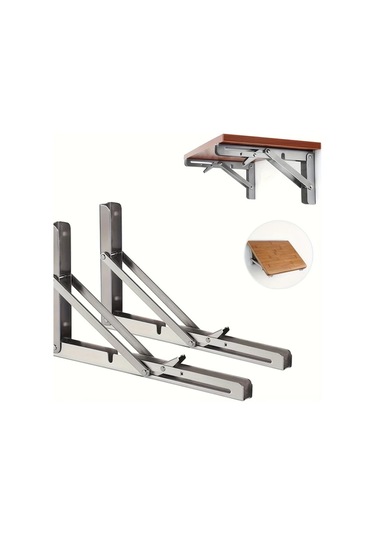 Topnotch 2 Adet Paslanmaz Çelik Katlanır Duvara Monte Masa Organizer Ahşap Raf - 14 Inç Gümüşi