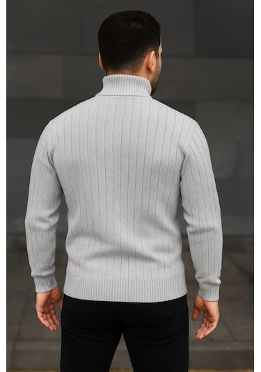 Erkek Balıkcı Yaka Bağazlı Triko Kazak Pamuklu Kalın Fitilli Dokuma, Regular Fit Uzun Kollu Kışlık Model - Gri Gri