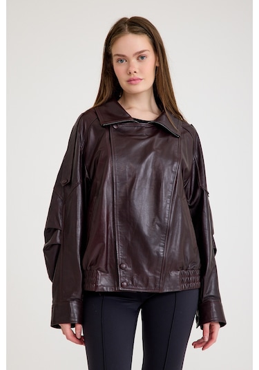 Oversize Kısa Bayan Deri Ceket Vb-14-bk-2847-24115 Bordo