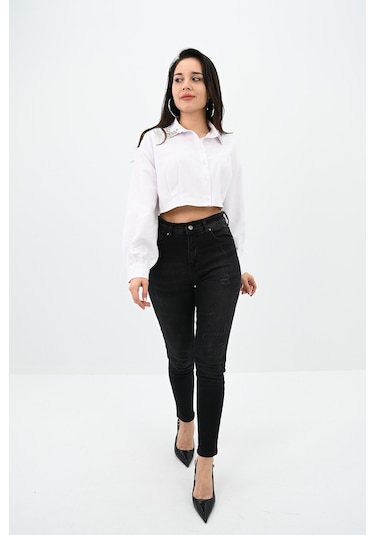 Koza Butik Kadın Yakası Taş Detaylı Crop Gömlek 1752-24 001