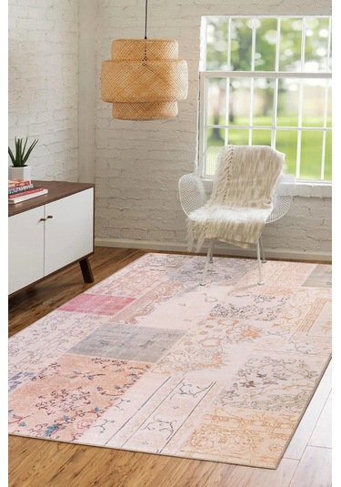 Folk Patchwork Desenli Dokuma Taban Dekoratif Bej Halı Ba 16