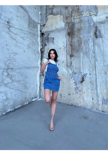 Shevega Kadın Mavi Ucu Kesik Kanguru Cep Etekli Bahçivan Kot Tulum Mavi