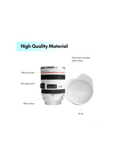 Moveevo Kamera Lens Tasarımlı Paslanmaz Çelik Termos Bardak, 400ml, Damlacık Önleyici, Fotoğraf Severler İçin, Beyaz Beyaz