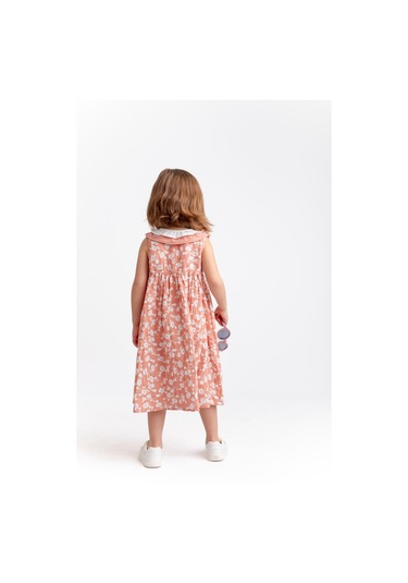 Yakası Çift Fırfırlı Çiçekli Müslin Kız Çocuk Elbise Gül Kurusu Gülkurusu