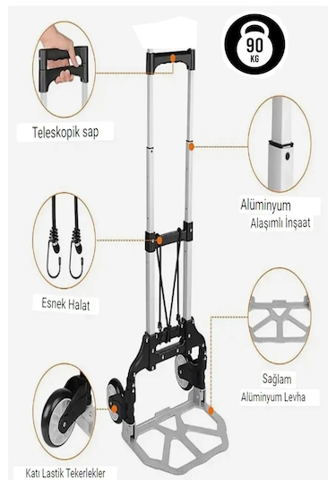 Pro Seri 90 Kg Kapasiteli Teleskopik, Katlanır El Arabası Koli Yük Paket Taşıma El Arabası Katlanır