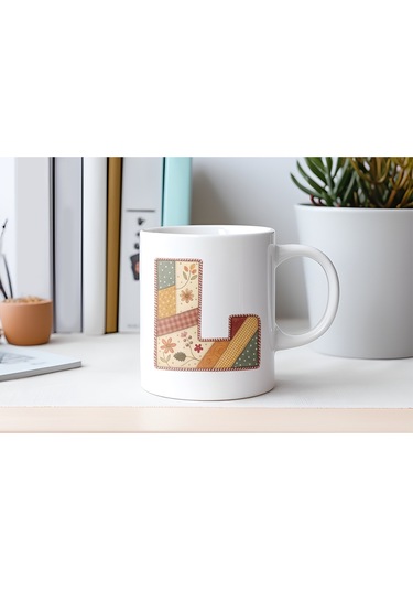 L Harfi Sonbahar Kış Temalı Yamalı Tasarım Kupa Bardak - Etnik Ve Pathwork Severlere Özel Hediye Beyaz