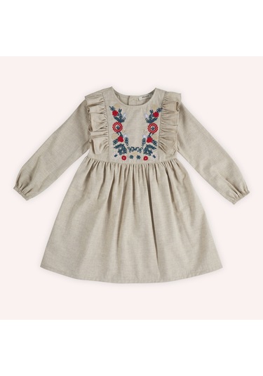 Kız Çocuk Nakış Detaylı Elbise Bej 2421gk26011-4945 001