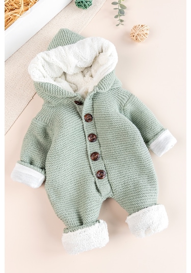 Triko Örme Welsoft Astarlı Kapüşonlu Kışlık Bebek Tulum Yeşil