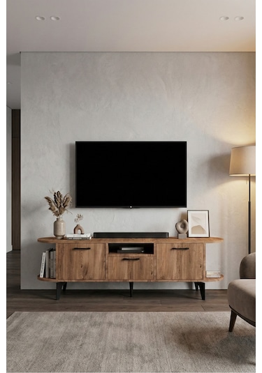 Tv Sehpası 160 Cm Modern 3 Kapaklı Tv Sehpa Çok Amaçlı Konsol Ünitesi Mira Siyah
