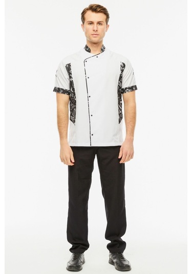 Uniprom Kısa Kollu Aşçı Ceketi Önlük Nakışlı Cepli Şef, Garson Beyaz-siyah