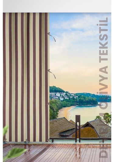 Devrim Olivya Tekstil Kahve-krem Çizgili Özel Dikim Lüks Halkalı Branda Balkon Perdesi Kahverengi - Krem
