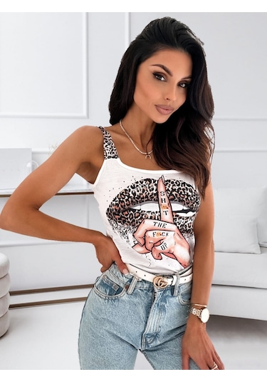 Etiler Collection Kadın Leopar Askılı Leopar Baskılı Mikro Kumaş Bluz Beyaz