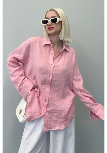 Madmext Pembe Muslin Kumaş Basic Kadın Gömlek Mg1660 Pembe