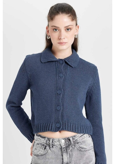 Defacto Regular Fit Polo Yaka Basic Düz Düğmeli Triko Hırka D5395AX24AUNV215 Lacivert