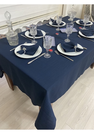 Keten Görünümlü Begonvil Masa Örtüsü Lacivert 25 Parça Set