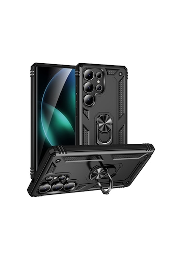 Samsung Galaxy Uyumlu S25 Ultra Kılıf Sofya Yüzüklü Standlı Zırhlı Korumalı Silikon Kılıf Siyah