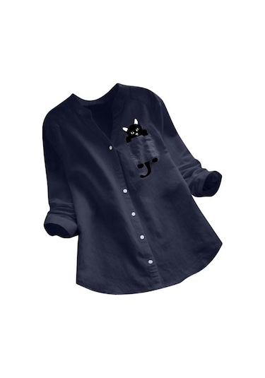 Koyu Mavi Kadın Üst Uzun Kollu Gevşek Sevimli Şık Baskılı Günlük Giyim İçin Rahat Kesim Gömlek Koyu Mavi