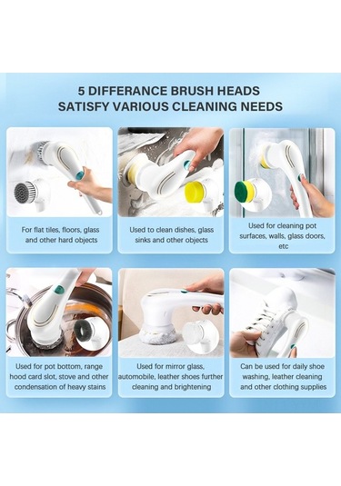 Dancemonkey 5 Pratik Kablosuz Elektrikli Döner Fırça - Mutfak, Banyo, Araç Temizliği İçin Beyaz Beyaz