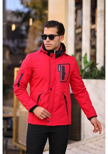 Kırmızı Su Ve Rüzgar Geçirmez Içi Kürklü Softshell Mont Kırmızı