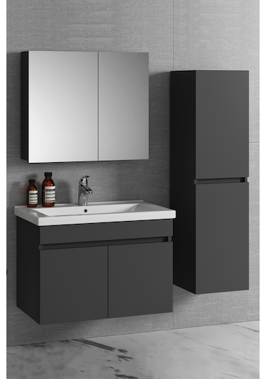 Çiğdem 80+35 Cm Antrasit Gri Mdf Lavabolu Asma Banyo Dolabı Takım Antrasit - Gri