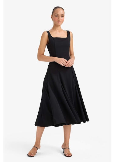 Defacto A Kesim Kare Yaka Krep Midi Elbise G0957ax25aubk81 Siyah