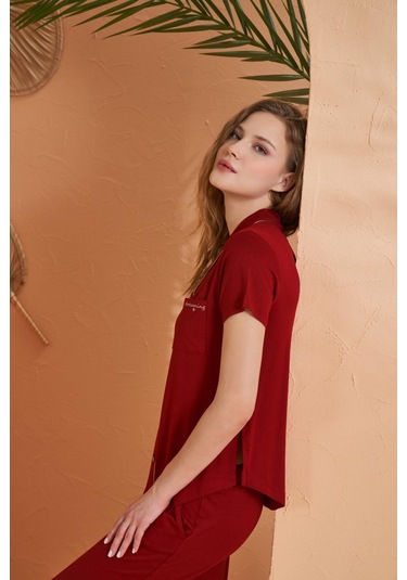 Pjs 27069 Dreaming Kadın Gold Detaylı Boydan Düğmeli Kısa Kollu Pijama Takım bordo