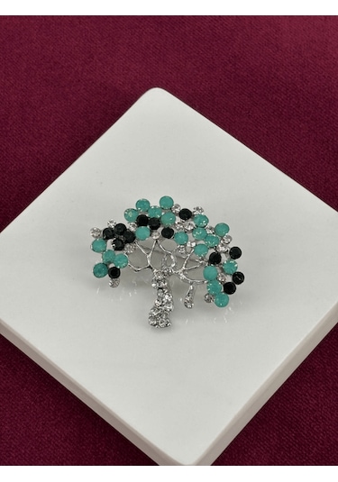 Yeşil Ve Gümüş Parlak Taşlı Yaşam Figürlü Silver Broş Silver