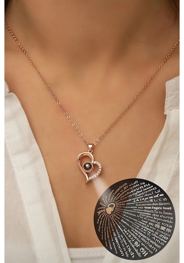 Herşey Nota 925 Ayar Gümüş 100 Dilde Seni Seviyorum Yazılı Projektör Kolye Gümüş