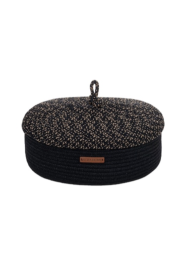 Koza Home Cesta Kapaklı El Yapımı Pamuklu Siyah Hasır Dekoratif Sepet 25cmx