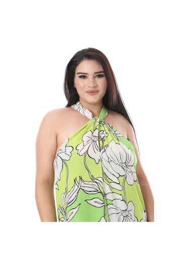 Kadın Büyük Beden Yeşil Boyundan Bağlamalı Astarsız Krep Kumaş Elbise 65n38323-yeşil Yeşil