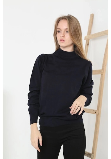 Kadın Yarım Boğaz Triko Kazak Yumuşak Dokulu Pamuklu İnce Dokuma, Uzun Kollu Rahat Regular Kalıp - S Siyah