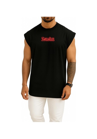 Oversize Zenshu Japon Anime Göğüs Baskılı Atlet Siyah