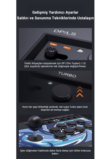 008 Arcade Dövüş Kolu Mavi Switch Mekanik Tuşlar, 50 Milyon Basım, Turbo Fonksiyonu, Klasik Çelik Joystick