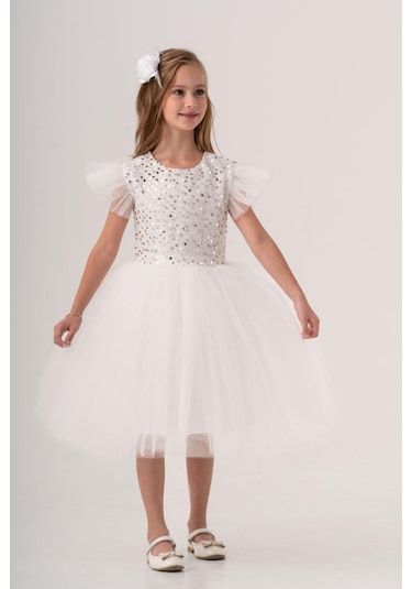 Tüllü Kız Çocuk Kpl Elbise Mnk0526 Beyaz