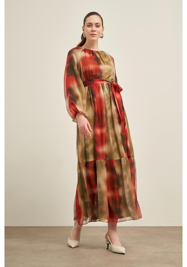 Ftz İpek Şifon Elbise Nar 31028 Nar