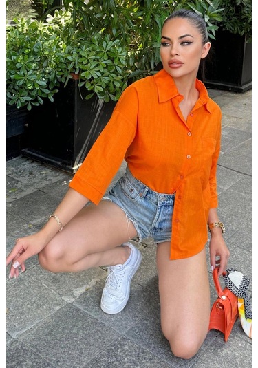 Kadın Turuncu Truvakar Kol, Oval Kesim, Terletmez, Flamlı Keten Salaş Gömlek Turuncu