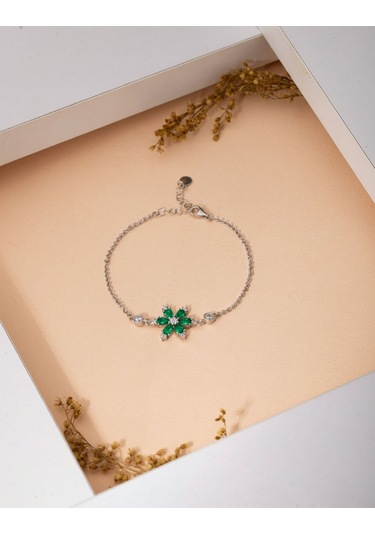 925 Ayar Zümrüt Yeşil Taşlı Rodyum Lotus Çiçeği Gümüş Bileklik Gümüş - Rodyum