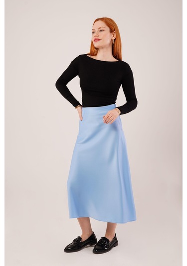 Çan Kesim Midi Mavi Saten Etek Mavi