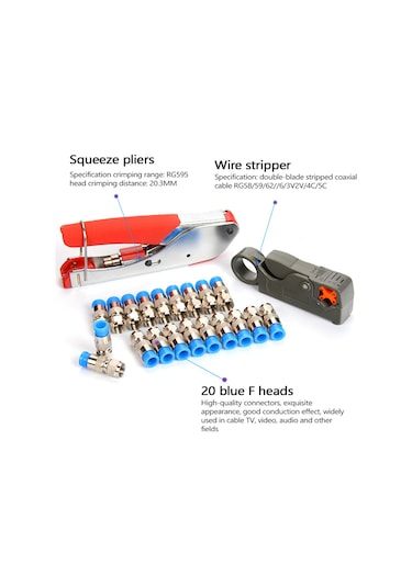 Kosona Rg59/rg6 Koaksiyel Kablo Pres Aleti Seti - Kablo Soyucu Ve 20 F Bağlantı Elemanı İle Profesyonel Video/anten Uygulamaları İçin 1kt-52l20 Mavi Kutulu Mavi