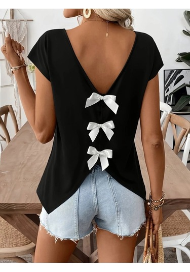 Kadın Kısa Kollu V Yakalı Arkadan Kurdele Detaylı Viskon Bluz Karışık