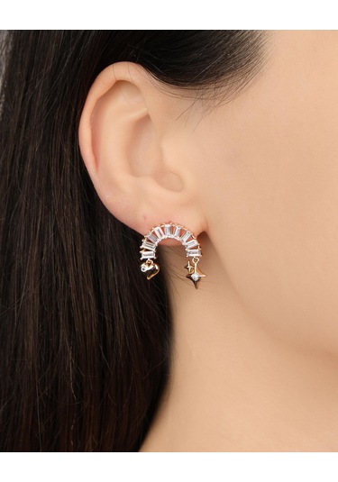 Lekka Design Kadın Kararmaz Çelik Lüks Takı Sallanan Yıldız Ve Kalpli Zirkon Taşlı Küpe Altın