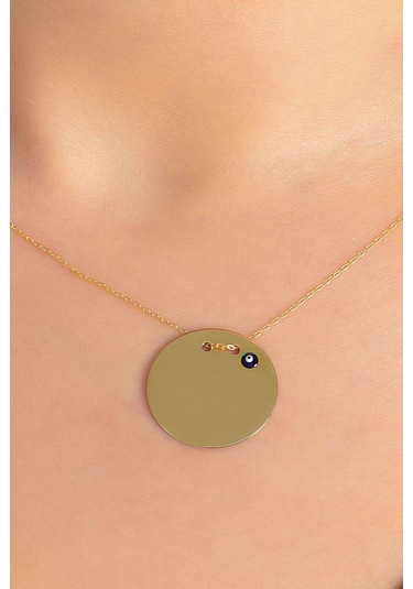 14 Ayar Altın Nazar Gözlü Plaka Altın Kolye 45 Cm Uzunluk 2,5 Cm Çapında Plaka