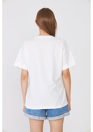 Hdm Kadın Ekru Basic Oversize %100 Pamuklu Rahat Kesim Günlük Tişört - H6041